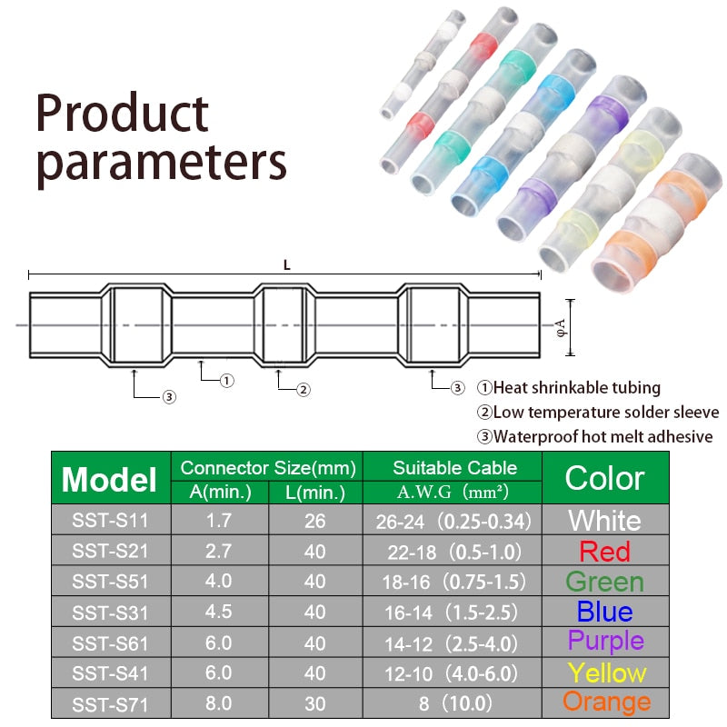 Heat Shrinkable Wire Connectors 10/20/30PCS SST21 Waterproof Sleeve AWG22-18 Butt Electrical Splice Tinned Solder Seal Terminal