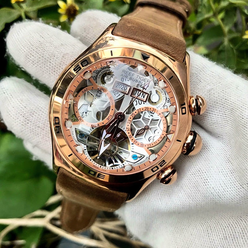 Reef Tiger/RT Mens Sport Watches Automatic Skeleton Watch Steel Waterproof Tourbillon Watch with Date Day reloj hombre RGA703