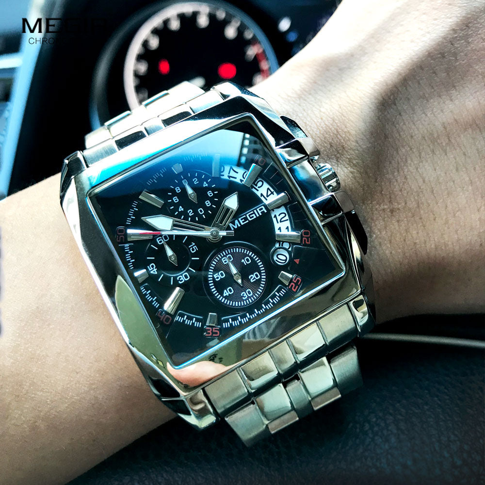 MEGIR hot fashion men's business quartz watches luxury stainless steel wristwatch for man luminous three-eyes watch for male2018