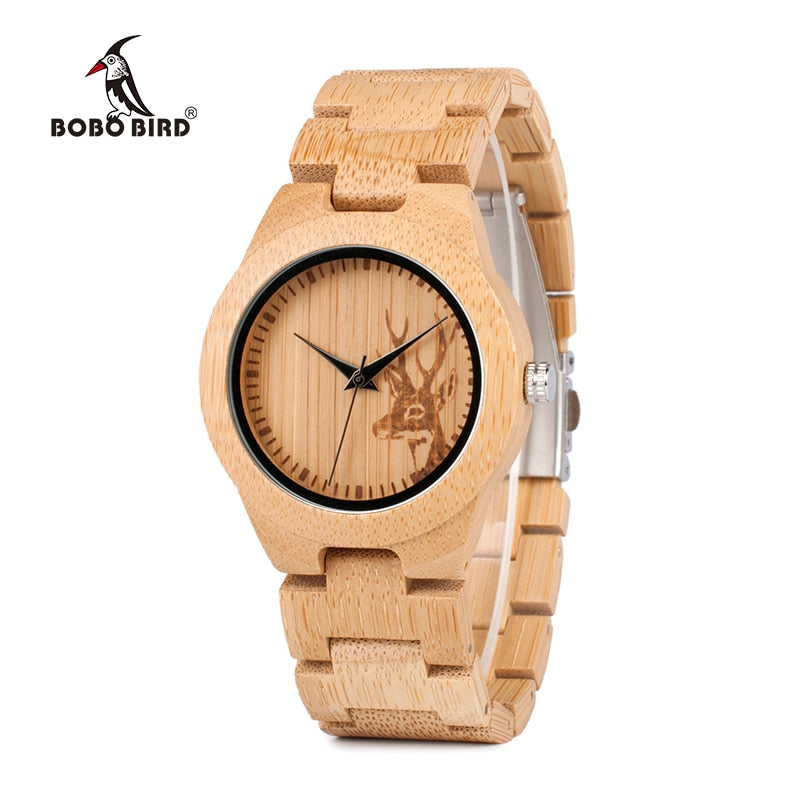 BOBO BIRD E04 Women's Elk Deer Design Dial Fashion Bamboo Watch Japan Quartz Bamboo Band Watches As Best Gift For Ladies Relojio