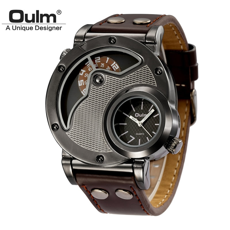 Oulm Designer Brand Luxury Watches For Men Dual Time Quartz Watch Casual Man Leather Watch Sport Male Clock relogio masculino