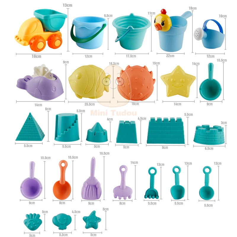 Summer Silicone Soft Baby Beach Toys Kids Mesh Bag Bath Play Set Beach Party Cart Ducks Bucket Sand Molds Tool Water Game