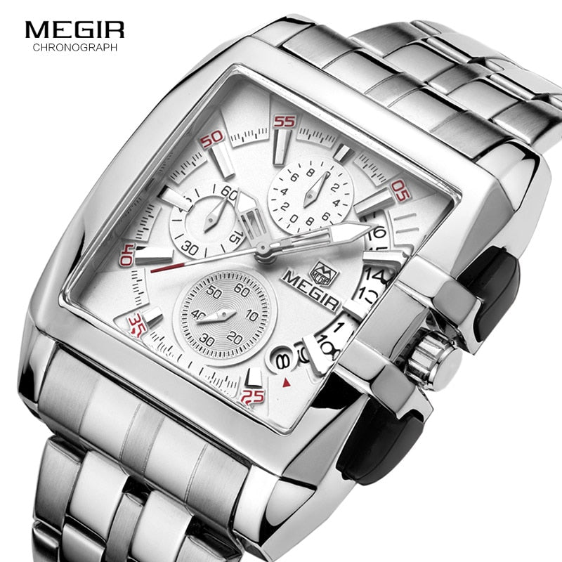 MEGIR hot fashion men's business quartz watches luxury stainless steel wristwatch for man luminous three-eyes watch for male2018