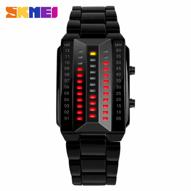 Luxury Men's Wristwatch Waterproof Men Fashion Stainless Steel Red Binary Luminous LED Electronic Display Sport Watches SKMEI