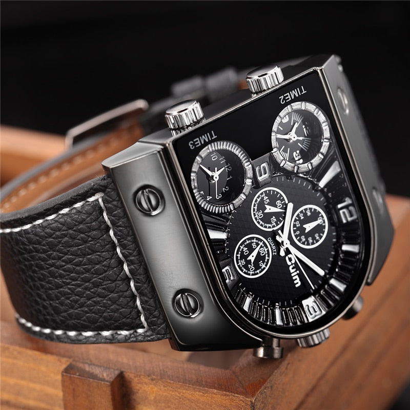 Oulm Men's Watches Mens Quartz Casual Leather Strap Wristwatch Sports Man Multi-Time Zone Military Male Watch Clock relogios