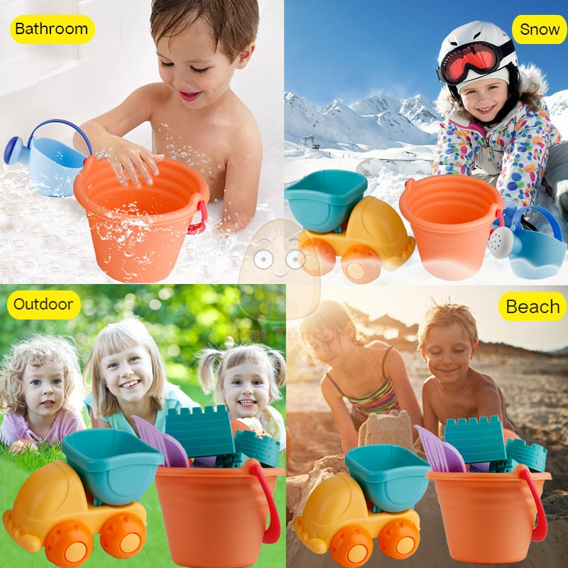 Summer Silicone Soft Baby Beach Toys Kids Mesh Bag Bath Play Set Beach Party Cart Ducks Bucket Sand Molds Tool Water Game