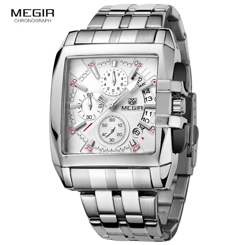 MEGIR hot fashion men's business quartz watches luxury stainless steel wristwatch for man luminous three-eyes watch for male2018