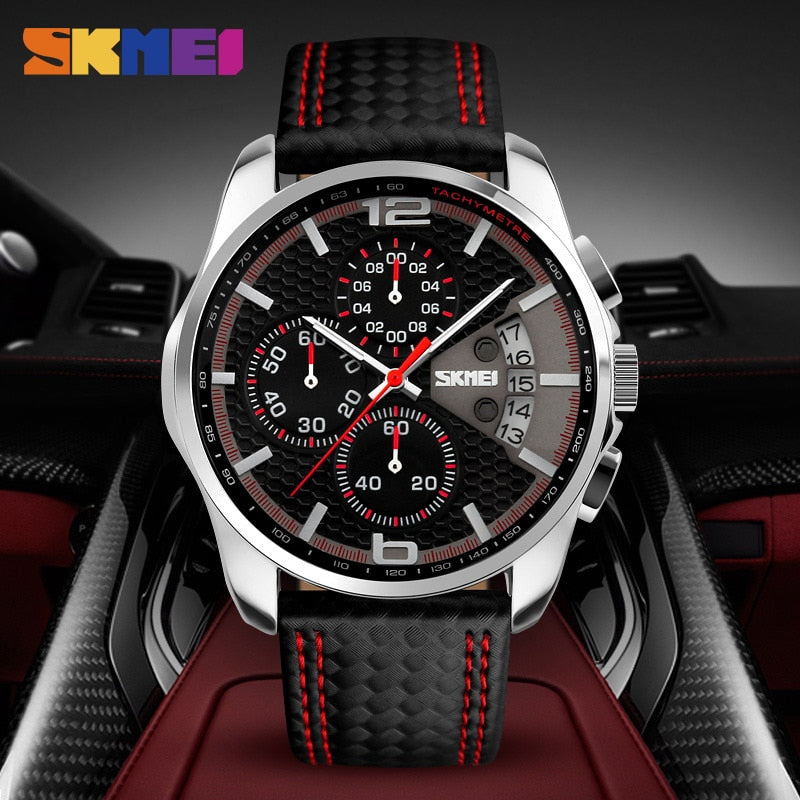 SKMEI Fashion Sport Mens Watches Top Brand Luxury Leather Strap 5Bar Waterproof Quartz Wristwatches Relogio Masculino 9106