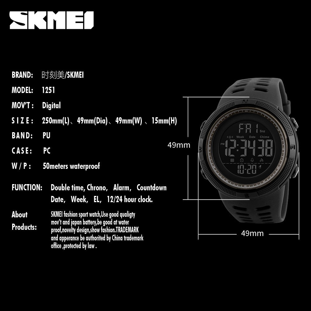 SKMEI Brand Men Sports Watches Fashion Chronos Countdown Waterproof LED Digital Watch Man Military Wrist Watch Relogio Masculino