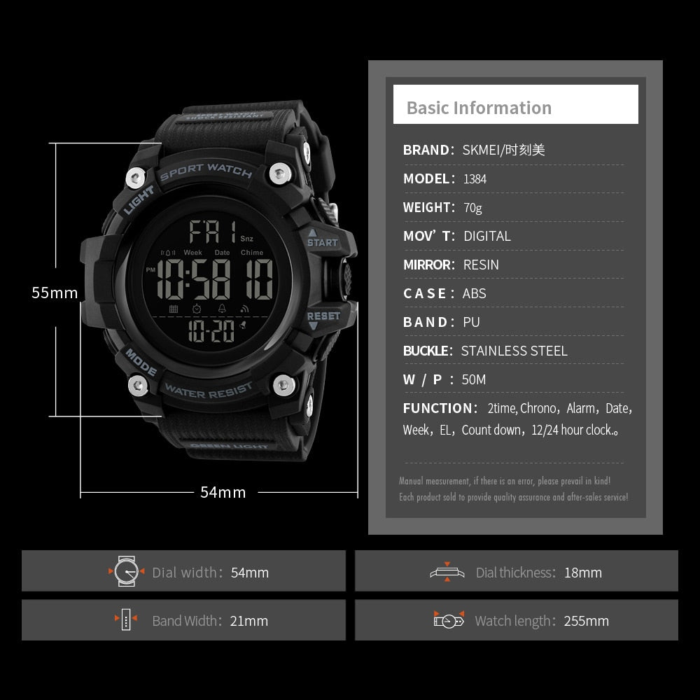 SKMEI Countdown Stopwatch Sport Watch Mens Watches Top Brand Luxury Men Wrist Watch Waterproof LED Electronic Digital Male Watch