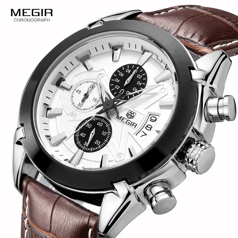 Megir Leather Watch Men 2019 Top Brand Luxury Quartz Watch Military Chronograph Waterproof Watches reloj relogio masculino 2020