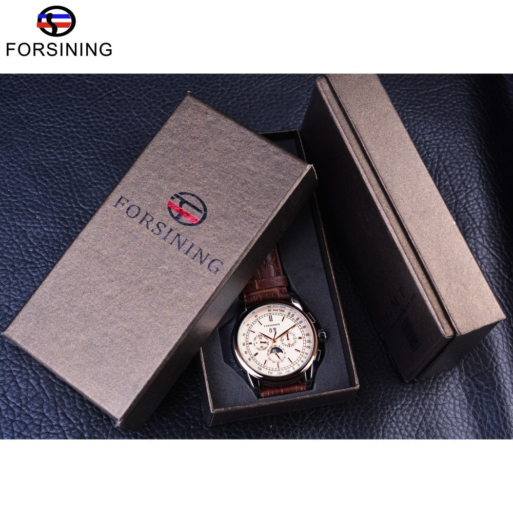 Forsining Moon Phase Shanghai Movement Rose Gold Case Brown Genuine Leather Strap Mens Watches Top Brand Luxury Auotmatic Watch
