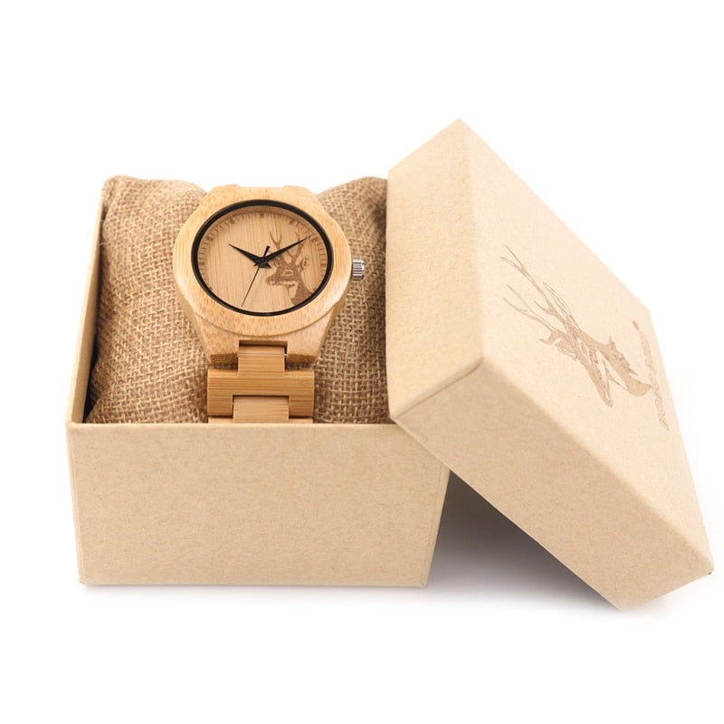 BOBO BIRD E04 Women's Elk Deer Design Dial Fashion Bamboo Watch Japan Quartz Bamboo Band Watches As Best Gift For Ladies Relojio