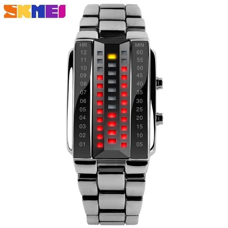 Luxury Men's Wristwatch Waterproof Men Fashion Stainless Steel Red Binary Luminous LED Electronic Display Sport Watches SKMEI