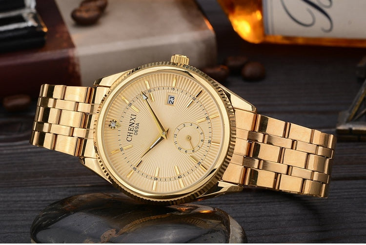 CHENXI Gold Watch Men Watches Top Brand Luxury Famous Wristwatch Male Clock Golden Quartz Wrist Watch Calendar Relogio Masculino