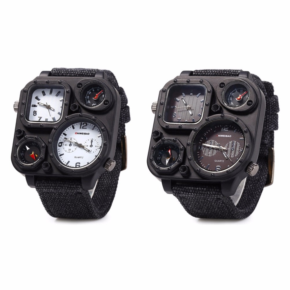SHIWEIBAO J1169 Watches Men Big Dial Dual-Movement Sport Quartz Watch Men Military Compass Canvas Wristwatches Relogio Masculino