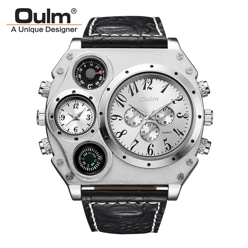 OULM Watch Men Quartz Sport Leather Strap Watches Big Dial Military Wristwatch Mens Clock Compass Decoration reloj hombre 2023
