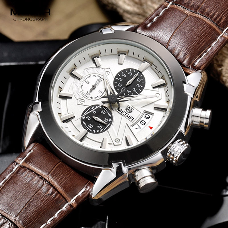 Megir Leather Watch Men 2019 Top Brand Luxury Quartz Watch Military Chronograph Waterproof Watches reloj relogio masculino 2020