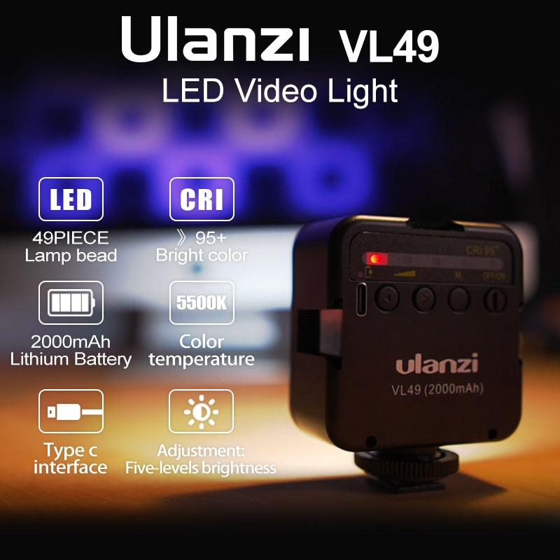 Ulanzi VL49 6W Mini LED Video Office Light 2000mAh 5500K Zoom Lighting Photographic Lighting U Bright Vlog Fill Light