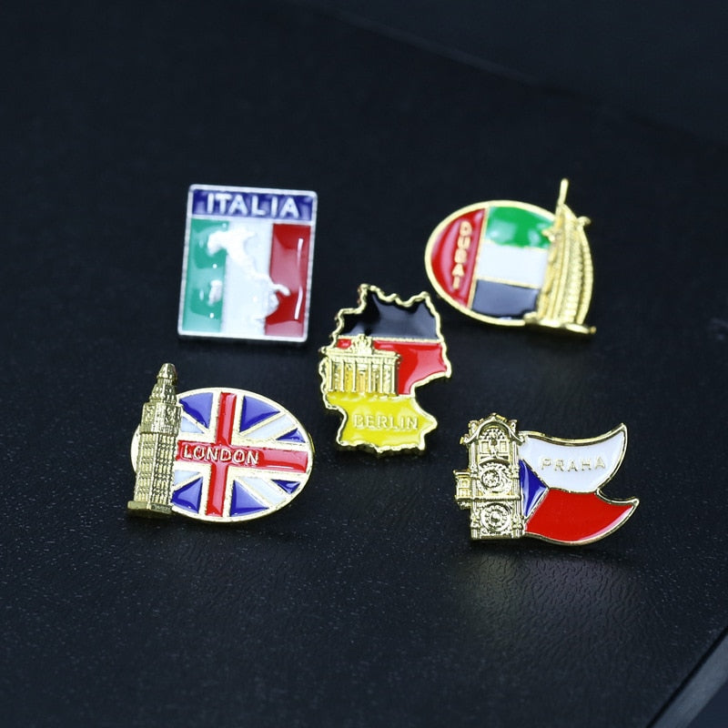 World Famous Building Brooches Heart Shape National Flag Souvenir Memory Zinc Alloy Pins Demin Jacket Bag Pins Buckle Badge