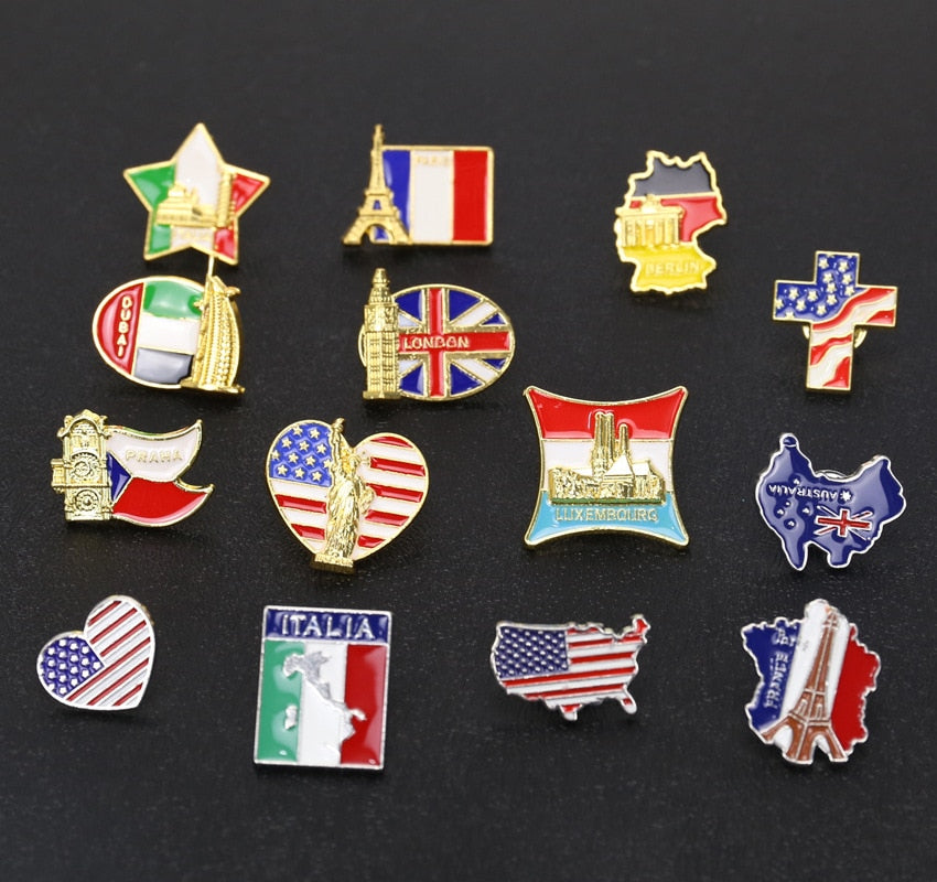 World Famous Building Brooches Heart Shape National Flag Souvenir Memory Zinc Alloy Pins Demin Jacket Bag Pins Buckle Badge