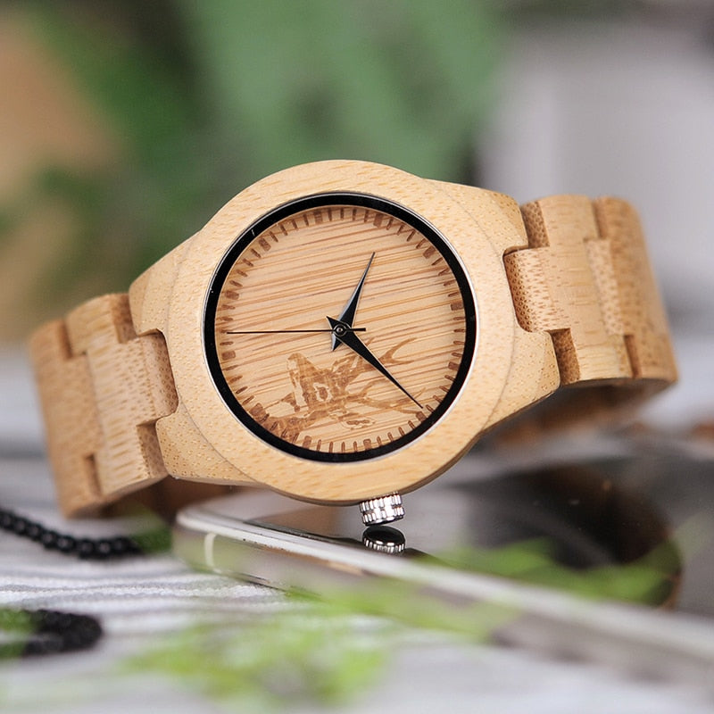 BOBO BIRD E04 Women's Elk Deer Design Dial Fashion Bamboo Watch Japan Quartz Bamboo Band Watches As Best Gift For Ladies Relojio