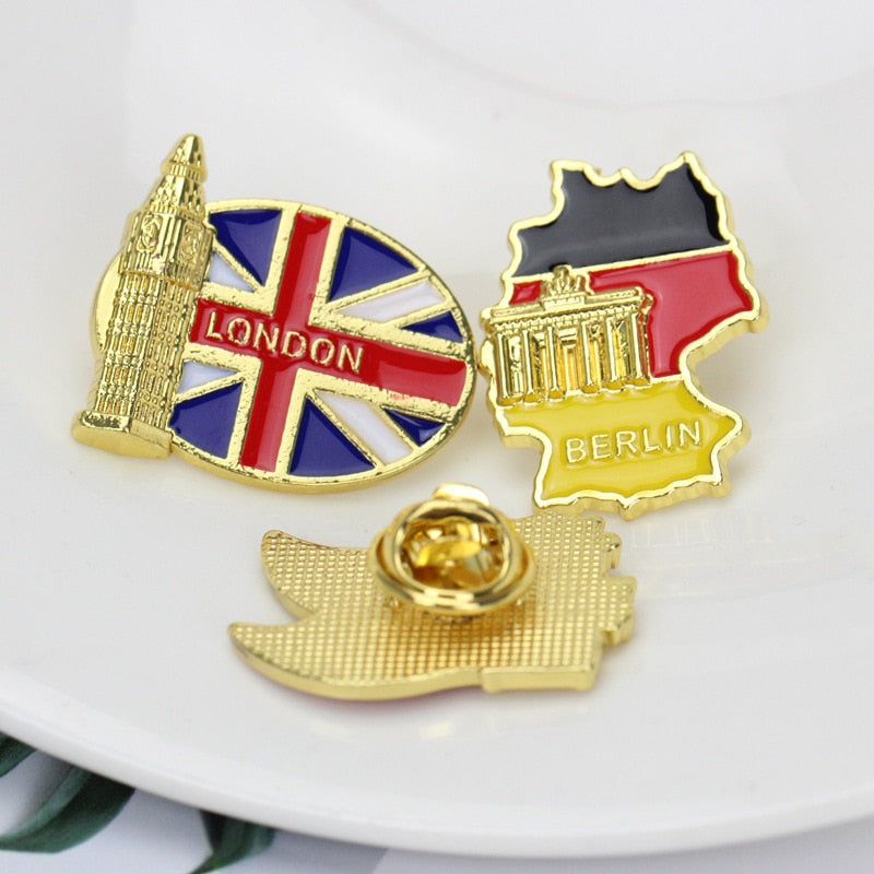 World Famous Building Brooches Heart Shape National Flag Souvenir Memory Zinc Alloy Pins Demin Jacket Bag Pins Buckle Badge