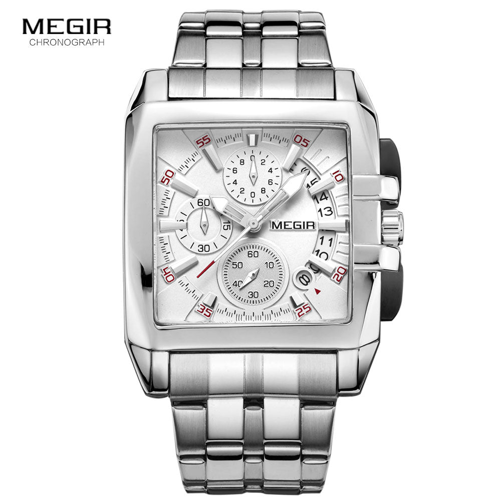 MEGIR hot fashion men's business quartz watches luxury stainless steel wristwatch for man luminous three-eyes watch for male2018