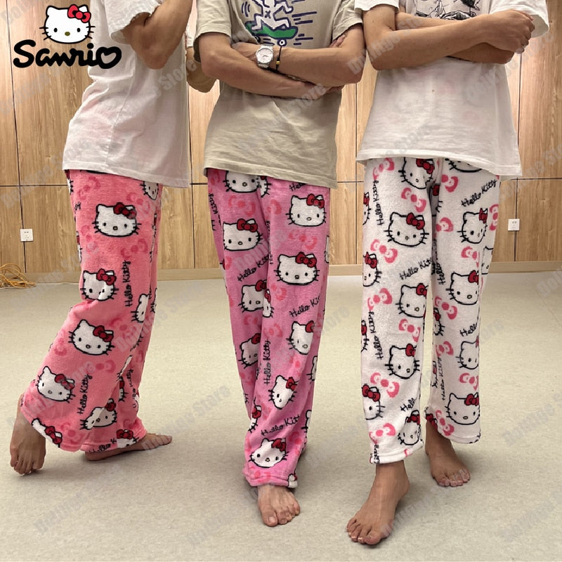 2023 Anime Sanrio Hello Kitty Pajamas Black Flannel Women Kawaii Woolen White Cartoon Casual Home Pants Autumn Fashion Trousers