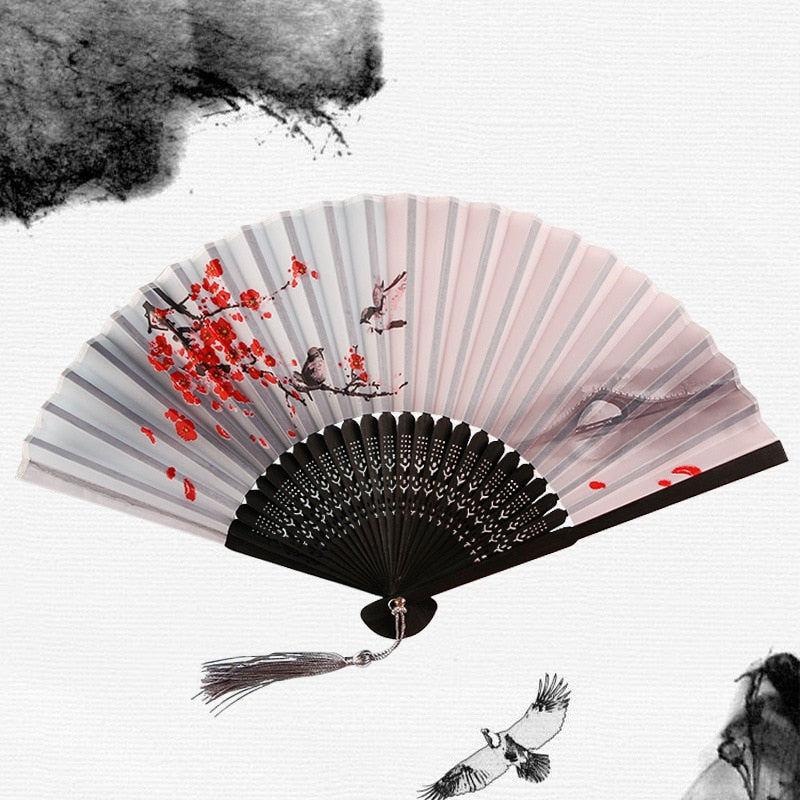 Chinese Japanese Silk Folding Fan Wooden Shank Classical Dance Fan High Quality Tassel Elegent Female Fan Home Decoration