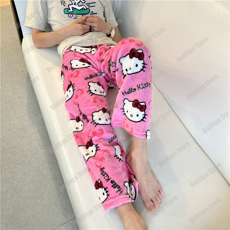 2023 Anime Sanrio Hello Kitty Pajamas Black Flannel Women Kawaii Woolen White Cartoon Casual Home Pants Autumn Fashion Trousers