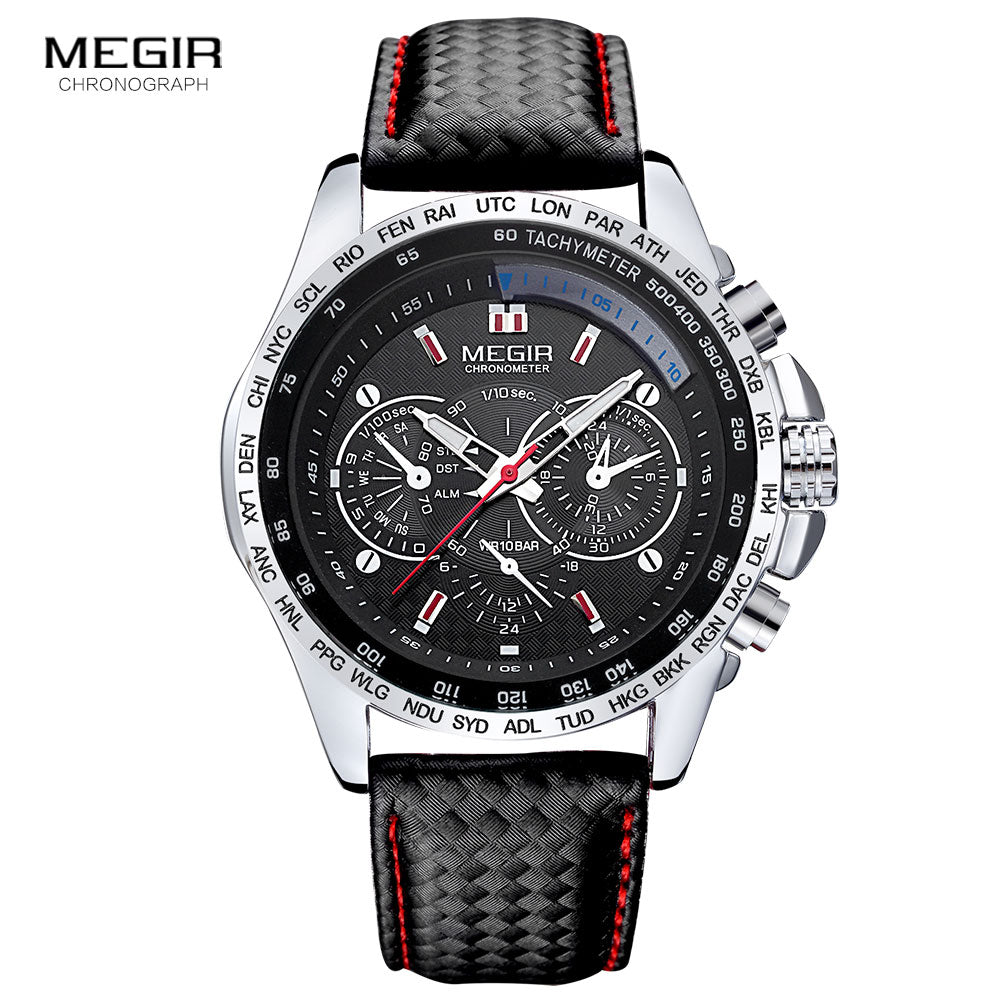 MEGIR hot fashion man's quartz wristwatch brand waterproof leather watches for men casual black watch for male 1010