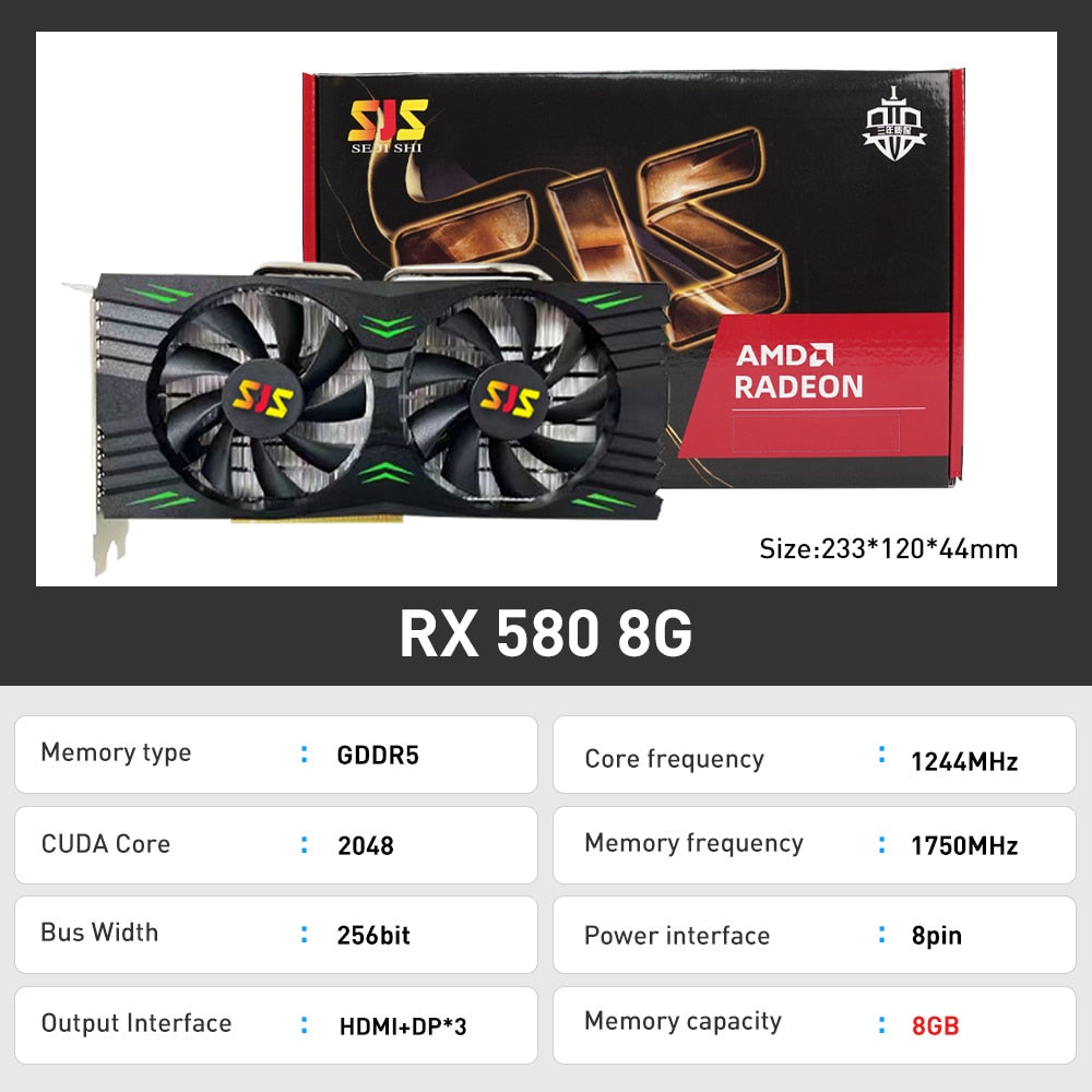 SJS Video Card RX 580 8G 256Bit 2048SP GDDR5 AMD GPU Graphics Cards Gamer RX580 Radeon 8GB Mining Gaming Card placa de video