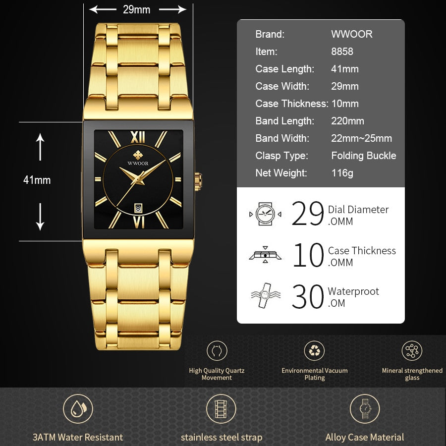 Relogio Masculino WWOOR Gold Watch Men Square Mens Watches Top Brand Luxury Golden Quartz Stainless Steel Waterproof Wrist Watch