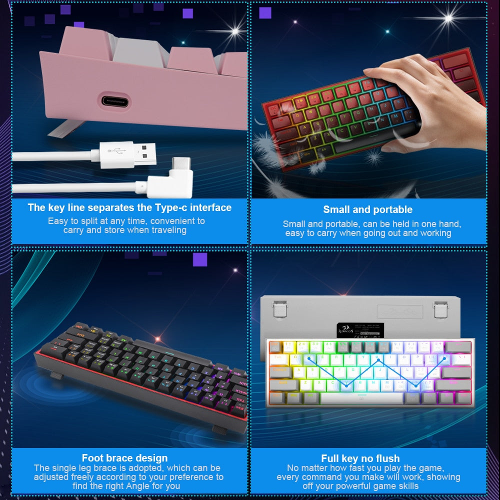 REDRAGON Fizz K617 RGB USB Mini Mechanical Gaming Wired Keyboard Red Switch 61 Key Gamer for Computer PC Laptop detachable cable