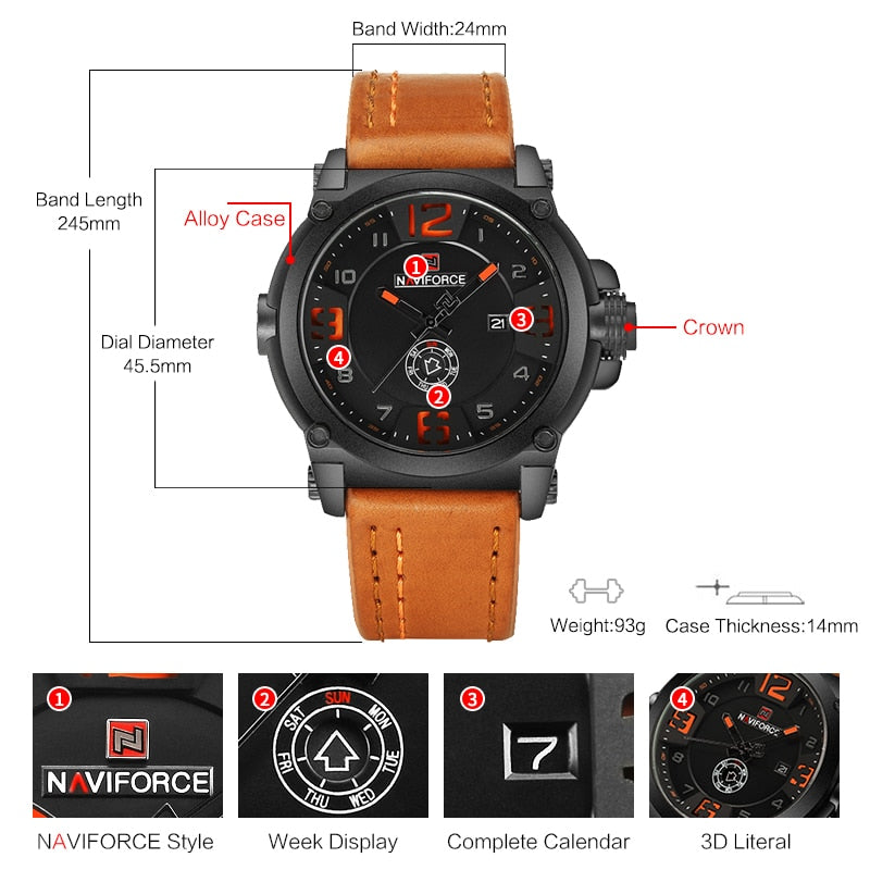 NAVIFORCE Top Luxury Brand Men Sports Military Quartz Watch Man Analog Date Clock Leather Strap Wristwatch Relogio Masculino