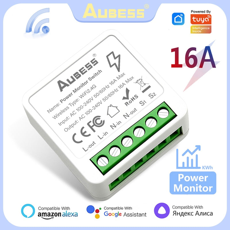 Aubess Power Monitor Switch 16A Wifi Smart Switch DIY Breaker With 2-way Control Function Support Yandex Alice Alexa Google Home