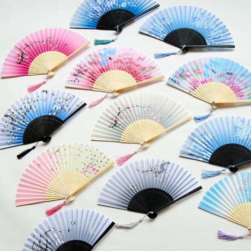 Chinese Japanese Silk Folding Fan Wooden Shank Classical Dance Fan High Quality Tassel Elegent Female Fan Home Decoration