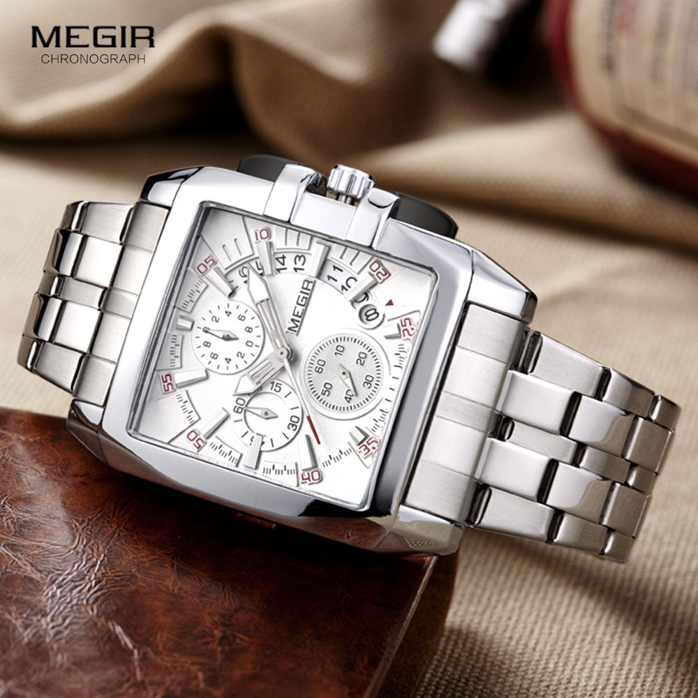 MEGIR hot fashion men's business quartz watches luxury stainless steel wristwatch for man luminous three-eyes watch for male2018