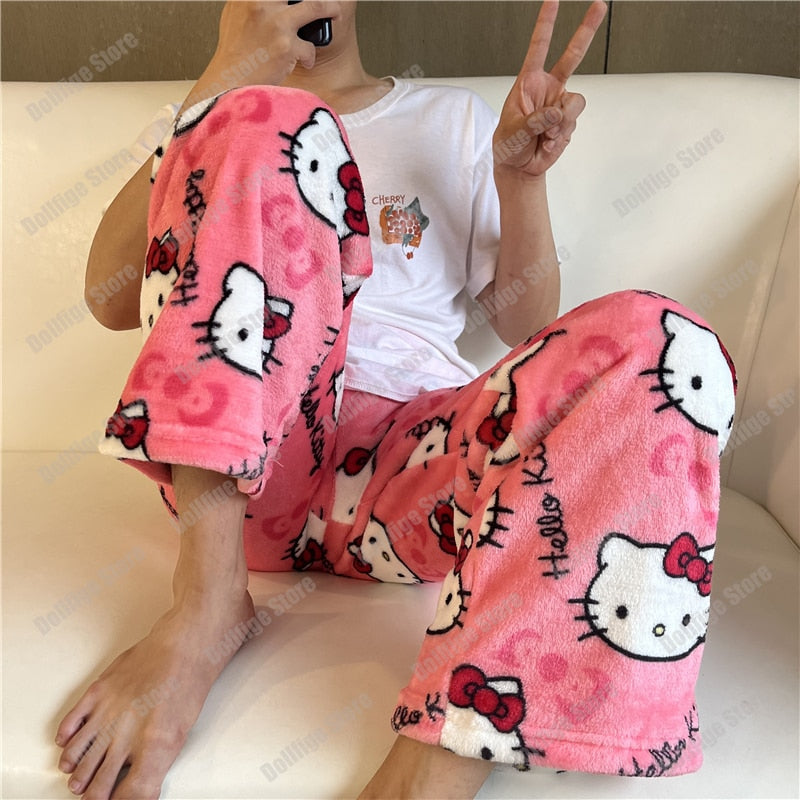 2023 Anime Sanrio Hello Kitty Pajamas Black Flannel Women Kawaii Woolen White Cartoon Casual Home Pants Autumn Fashion Trousers