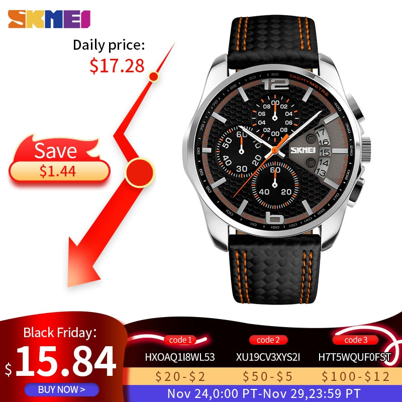 SKMEI Fashion Sport Mens Watches Top Brand Luxury Leather Strap 5Bar Waterproof Quartz Wristwatches Relogio Masculino 9106