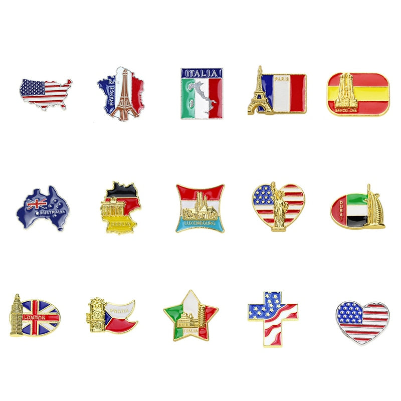 World Famous Building Brooches Heart Shape National Flag Souvenir Memory Zinc Alloy Pins Demin Jacket Bag Pins Buckle Badge