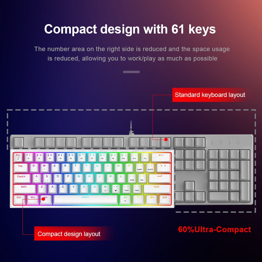 REDRAGON Fizz K617 RGB USB Mini Mechanical Gaming Wired Keyboard Red Switch 61 Key Gamer for Computer PC Laptop detachable cable