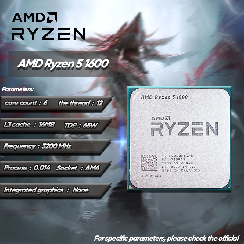 AMD Ryzen 5 1600 R5 1600 3.2 GHz Used GAMING Zen 0.014 Six-Core Twelve Thread 65W CPU Processor YD1600BBM6IAE Socket AM4