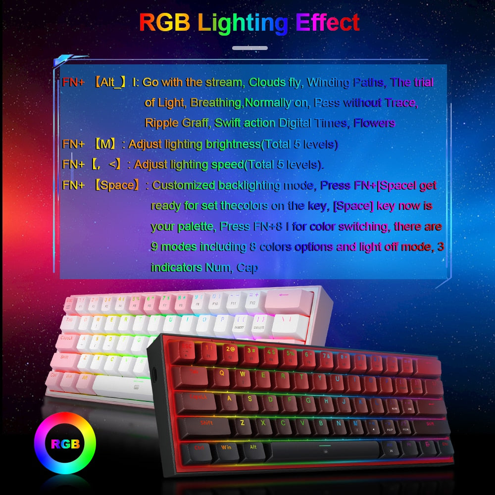 REDRAGON Fizz K617 RGB USB Mini Mechanical Gaming Wired Keyboard Red Switch 61 Key Gamer for Computer PC Laptop detachable cable