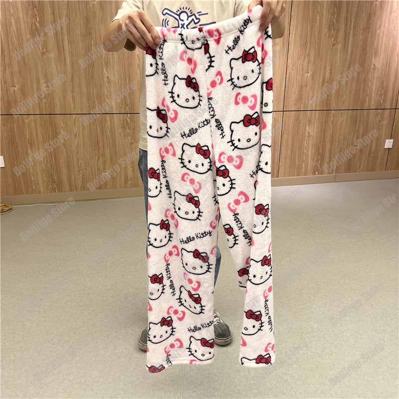 2023 Anime Sanrio Hello Kitty Pajamas Black Flannel Women Kawaii Woolen White Cartoon Casual Home Pants Autumn Fashion Trousers