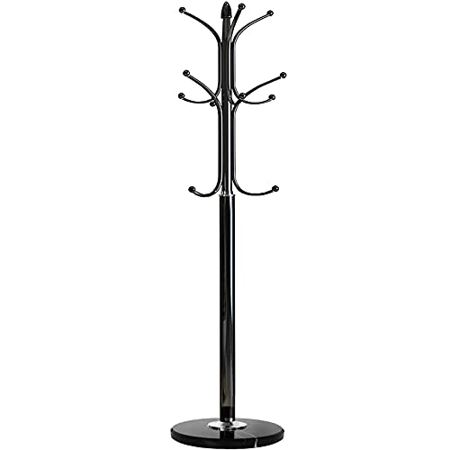 Kertnic Metal Coat Rack Stand with Natural Marble Base, Free Standing Hall Tree with 12 Hooks for Hanging Scarf, Bag, Jacket, Home Entry-way Hat Hanger Organizer (Black)