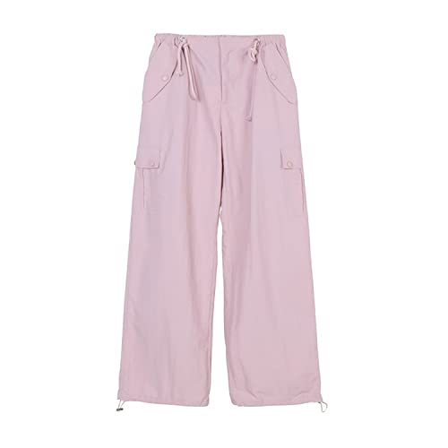 Rolanko Girls Parachute Pants, Cargo Pants for Girls Baggy Y2K Loose Jogger Trousers with Pockets (Pink, 12-14)