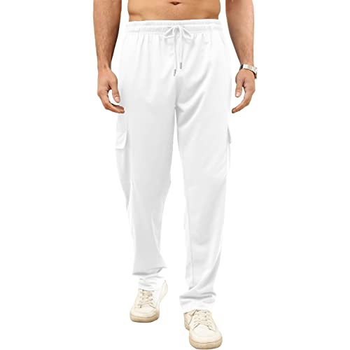 CTU Mens Workout Cargo Sweatpants Athletic Pants Open Bottom Joggers Casual Baggy Sweatpants with Pockets White