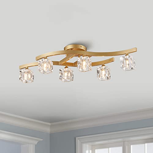 Bestier Modern Elegant Glass Crystal Ceiling Light Chandelier 6 Light Gold Flushmount Lighting Fixture L 30.5in W 10in H 7.5in